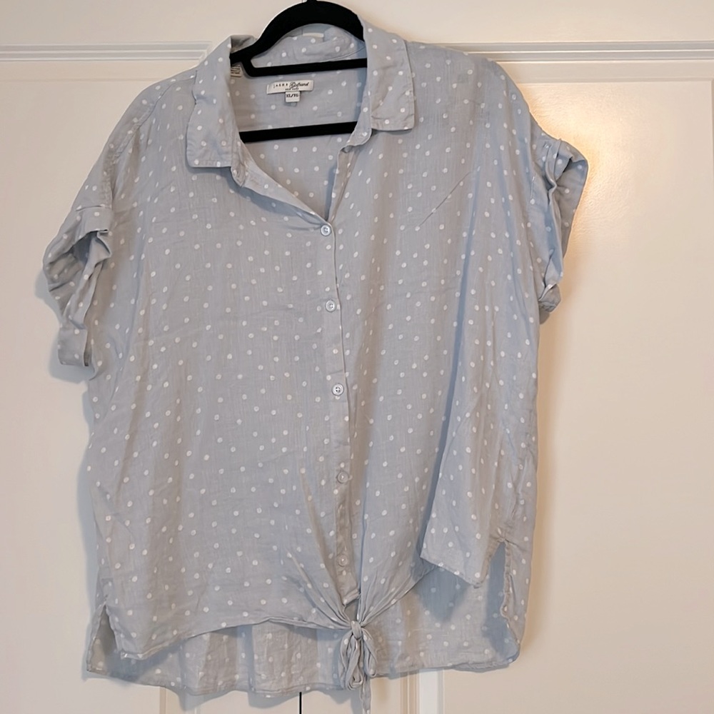 Grey/white semi sheer polka dot front tie blouse